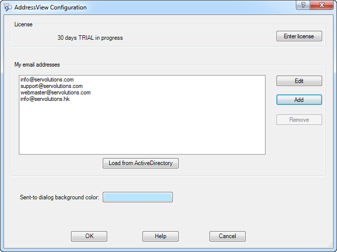 AddressView for Outlook configuration page - click for full size
