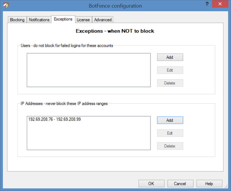 BotFence Configuration of exceptions - click for full size