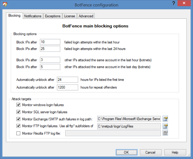BotFence Configuration main blocking options - click for full size