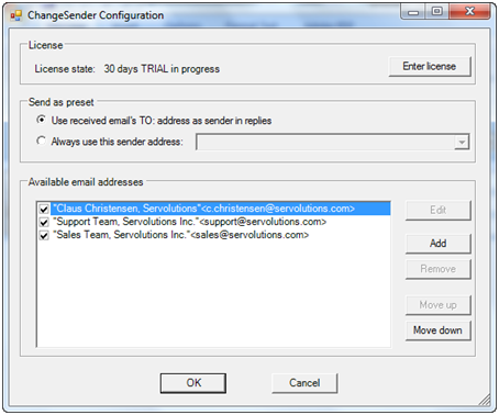 ChangeSender properties dialog