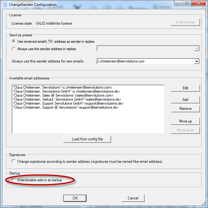 ChangeSender options dialog - click for full size