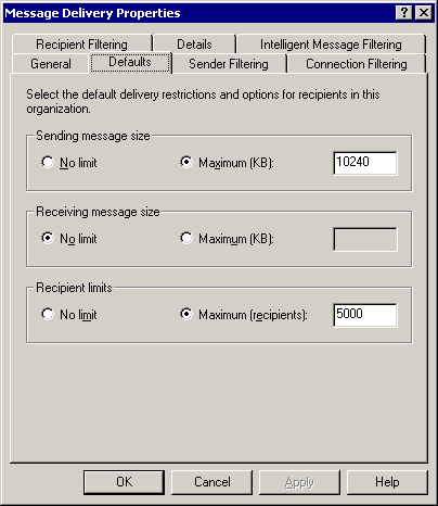 Message size limit on the Exchange Message Delivery Properties
