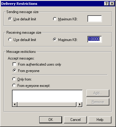 Message size limit on the Active Directory user delivery restrictions