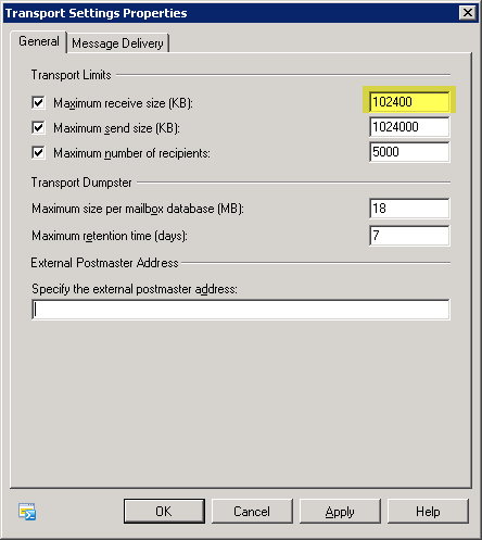 Exchange 2007/2010 Transport Settings - click for full size