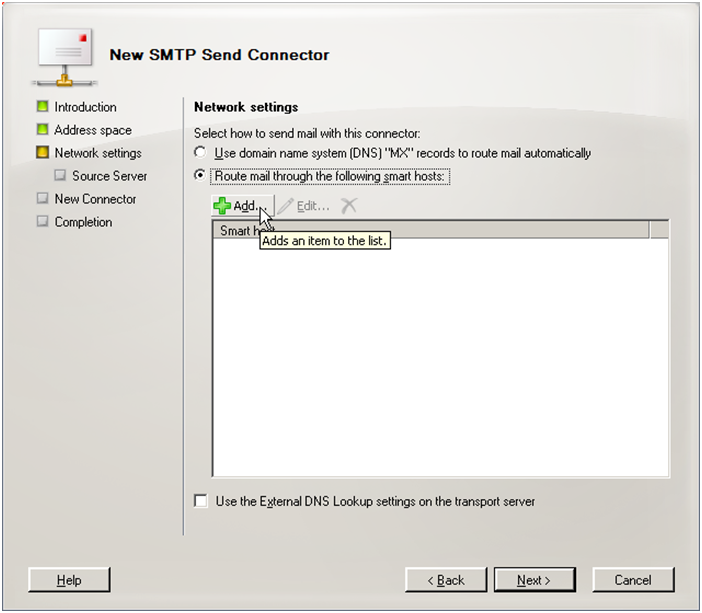 Exchange 2010 new send connector step 3 - click for full size