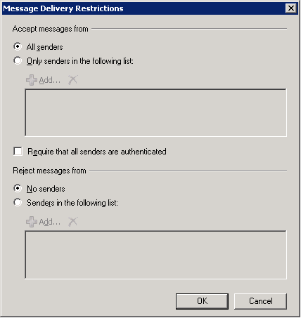 Exchange 2010 Distribution Group delivery restrictions - click for full size