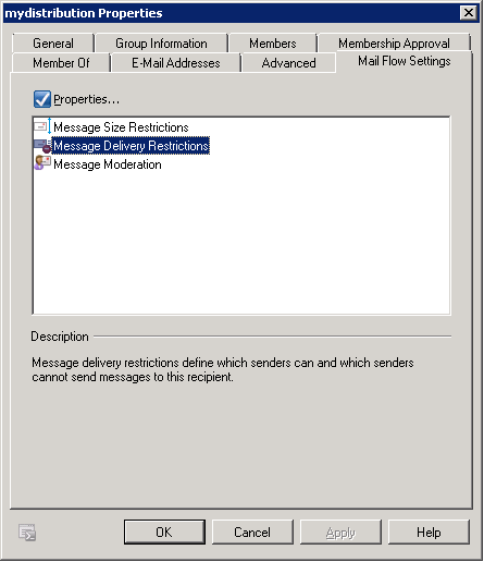 Exchange 2010 Distribution Group mail flow settings - click for full size