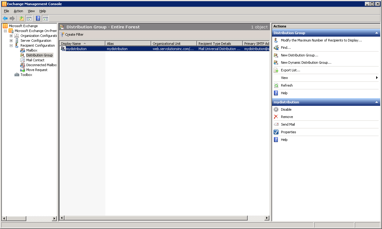 Exchange 2010 Management console Distribution Group - click for full size