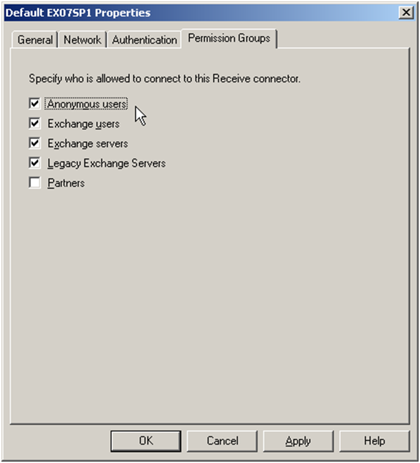 Exchange 2007 Receive Connector Permission Groups - click for full size