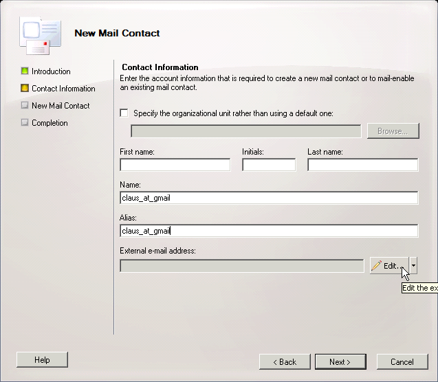 Screenshot: Creating a new contact - click for full size