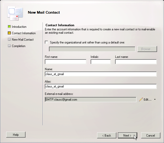 Screenshot: Creating a new contact - click for full size