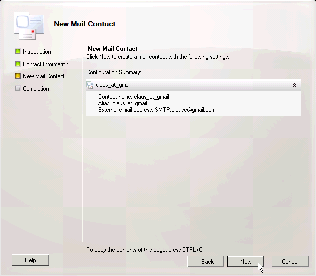 Screenshot: Creating a new contact - click for full size