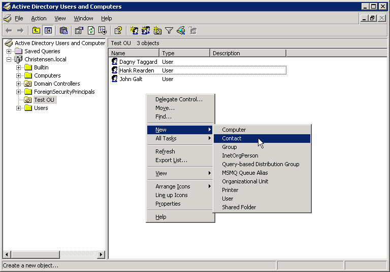 Screenshot: Creating a new contact in AD users and computers - click for full size