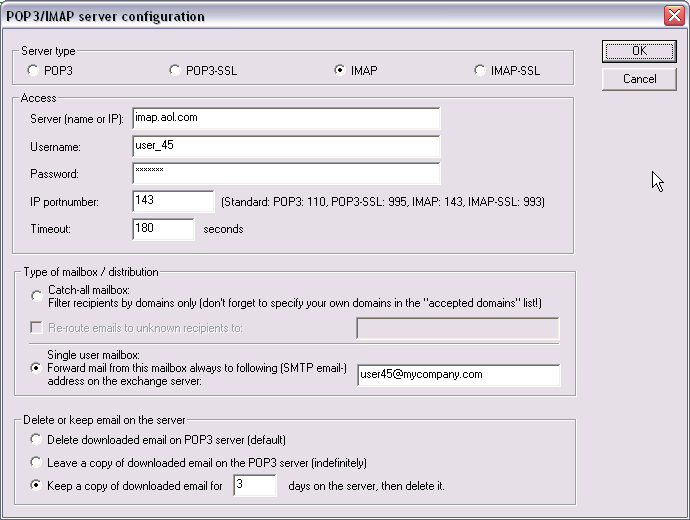 POPcon POP3 configuration for AOL - click for full size