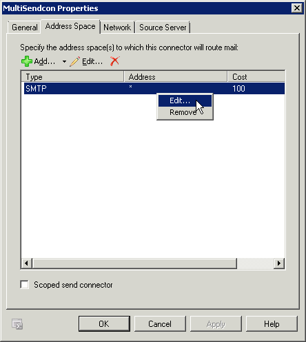 Exchange Send Connector Address Space Properties - click for full size