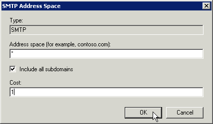Exchange Send Connector edit Address Space - click for full size