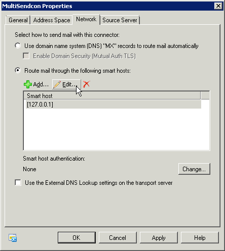 Exchange Send Connector network properties - click for full size
