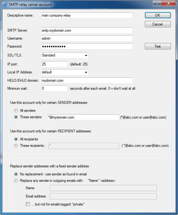MultiSendcon SMTP Account configuration page
