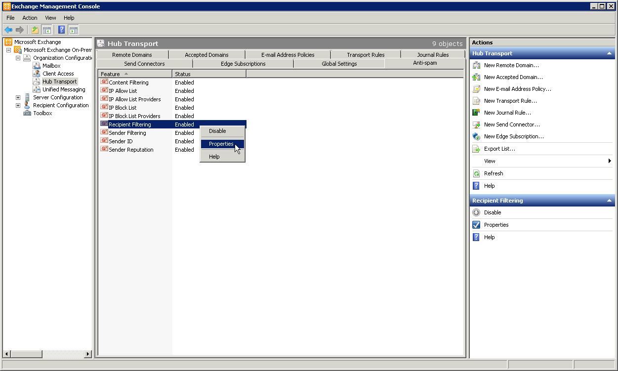 Exchange 2010 Organization Configuration, Antispam - click for larger image
